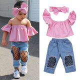 Stylish Toddler Off Shoulder Top Ripped Denim Pants Headband