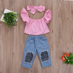 Stylish Toddler Off Shoulder Top Ripped Denim Pants Headband