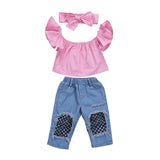 Stylish Toddler Off Shoulder Top Ripped Denim Pants Headband