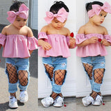 Stylish Toddler Off Shoulder Top Ripped Denim Pants Headband