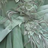 Green Tulle A-Line Appliques Flower Dress