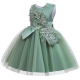 Green Tulle A-Line Appliques Flower Dress