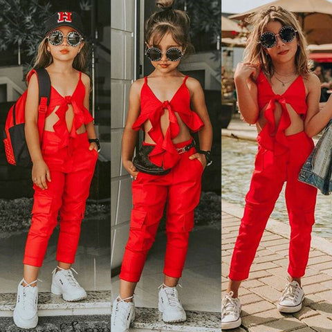 Baby Girl Solid Red Sling Top Vest + Long Pants