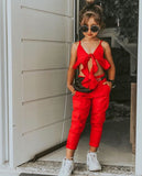 Baby Girl Solid Red Sling Top Vest + Long Pants