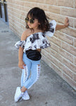 Cute Camera Printed Off Shoulder Top + Jeans Pants