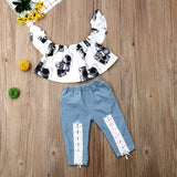 Cute Camera Printed Off Shoulder Top + Jeans Pants