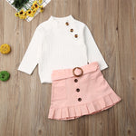 Little White Knitted Top Sweater + Button Mini Skirt