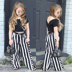 Solid Black T-shirt Top + Striped Long Pants