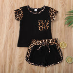 Short Sleeve Leopard Tops Shirt Patchwork Bowknot Short Pants Outfit