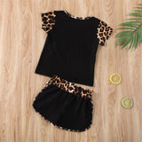 Short Sleeve Leopard Tops Shirt Patchwork Bowknot Short Pants Outfit