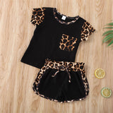 Short Sleeve Leopard Tops Shirt Patchwork Bowknot Short Pants Outfit