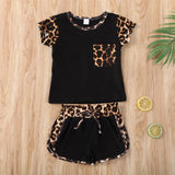 Short Sleeve Leopard Tops Shirt Patchwork Bowknot Short Pants Outfit