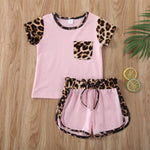 Short Sleeve Leopard Tops Shirt Patchwork Bowknot Short Pants Outfit