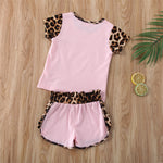 Short Sleeve Leopard Tops Shirt Patchwork Bowknot Short Pants Outfit