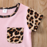 Short Sleeve Leopard Tops Shirt Patchwork Bowknot Short Pants Outfit