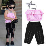 Baby Girl Pink Top Ruffle + Cross Bandage Pant