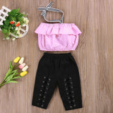 Baby Girl Pink Top Ruffle + Cross Bandage Pant