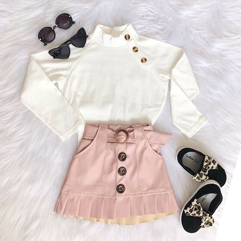 Little White Knitted Top Sweater + Button Mini Skirt