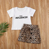 Letter Printed Top T-Shirt + Leopard Print Mini Skirt