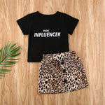 Letter Printed Top T-Shirt + Leopard Print Mini Skirt