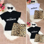 Letter Printed Top T-Shirt + Leopard Print Mini Skirt