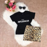 Letter Printed Top T-Shirt + Leopard Print Mini Skirt