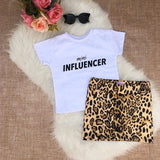 Letter Printed Top T-Shirt + Leopard Print Mini Skirt