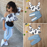 Cute Camera Printed Off Shoulder Top + Jeans Pants