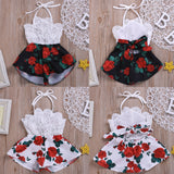 Baby Girl Sleeveless Lace Flower Print Strap Romper Jumpsuit