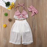 Toddler Sleeveless Lace Bow Crop V-neck Tops Pants Headbands