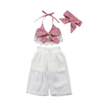 Toddler Sleeveless Lace Bow Crop V-neck Tops Pants Headbands