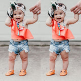 Fashion Orange Sloppy Shoulder T-shirt Tops + Denim Pants Trousers  Set Clothes