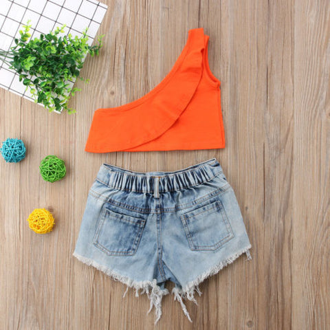 Fashion Orange Sloppy Shoulder T-shirt Tops + Denim Pants Trousers  Set Clothes