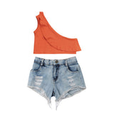 Fashion Orange Sloppy Shoulder T-shirt Tops + Denim Pants Trousers  Set Clothes