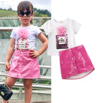 Lovely Short Sleeve 3D Flower Tops T-Shirt Leather Skirt