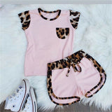 Short Sleeve Leopard Tops Shirt Patchwork Bowknot Short Pants Outfit