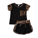 Short Sleeve Leopard Tops Shirt Patchwork Bowknot Short Pants Outfit