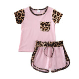 Short Sleeve Leopard Tops Shirt Patchwork Bowknot Short Pants Outfit