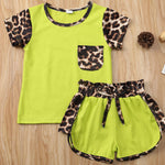 Short Sleeve Leopard Tops Shirt Patchwork Bowknot Short Pants Outfit