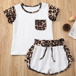 Short Sleeve Leopard Tops Shirt Patchwork Bowknot Short Pants Outfit