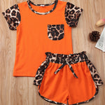 Short Sleeve Leopard Tops Shirt Patchwork Bowknot Short Pants Outfit