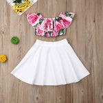 Cute Floral Print Off Shoulder Top + Solid Skirt Dress