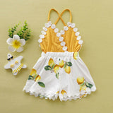 Cute Backless Lace Patchwork Lemon Printed Sunsuit