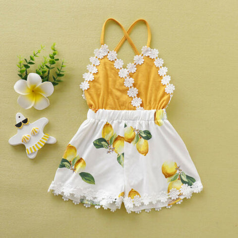 Cute Backless Lace Patchwork Lemon Printed Sunsuit