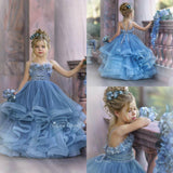 Haze Blue Floral Appliqued Tiered Skirt Dress