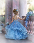 Haze Blue Floral Appliqued Tiered Skirt Dress