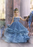 Haze Blue Floral Appliqued Tiered Skirt Dress