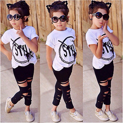 Baby Girl Print T Shirt + Hole Pants Leggings