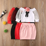 Baby Girl Flowers Lace Long Sleeve T Shirt Top + Mini Skirt