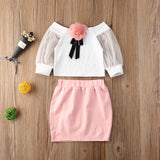 Baby Girl Flowers Lace Long Sleeve T Shirt Top + Mini Skirt